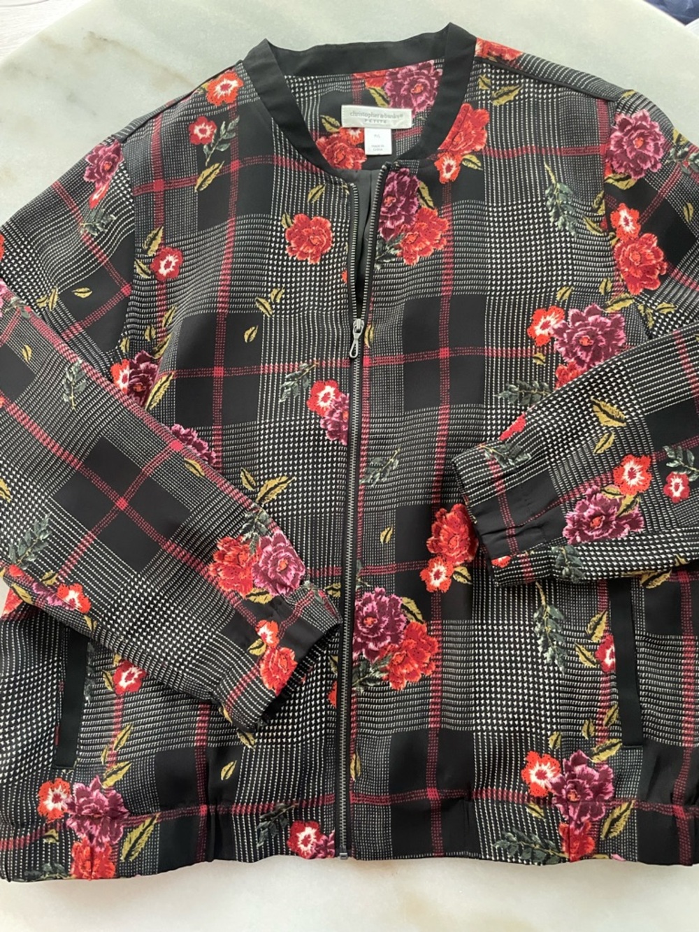 Christopher & Banks Black Plaid Bomber Jacket with Red & Purple Floral Print